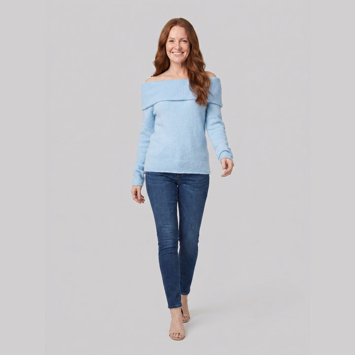 Clara off shoulder sweater blue on model
