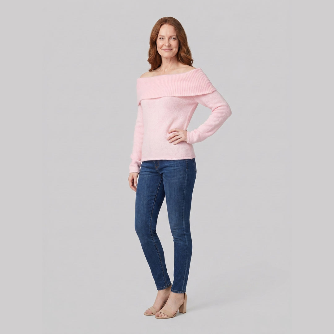 Clara off shoulder sweater pink on model