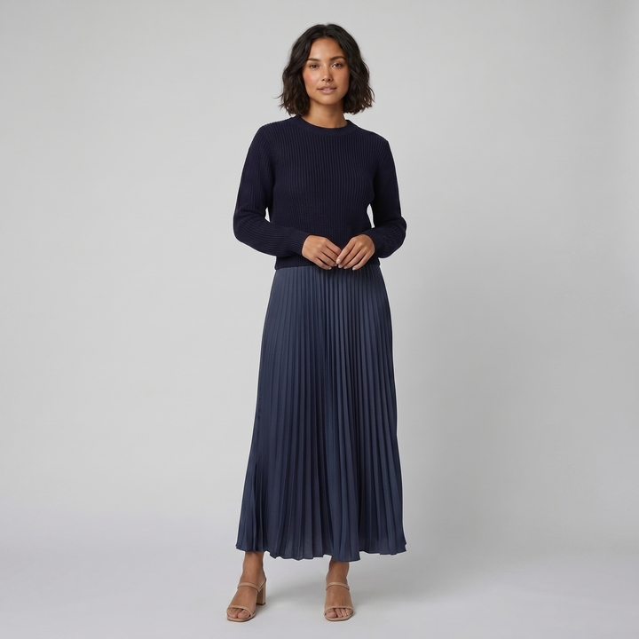 Clara blue knit pullover and pleated skirt set
