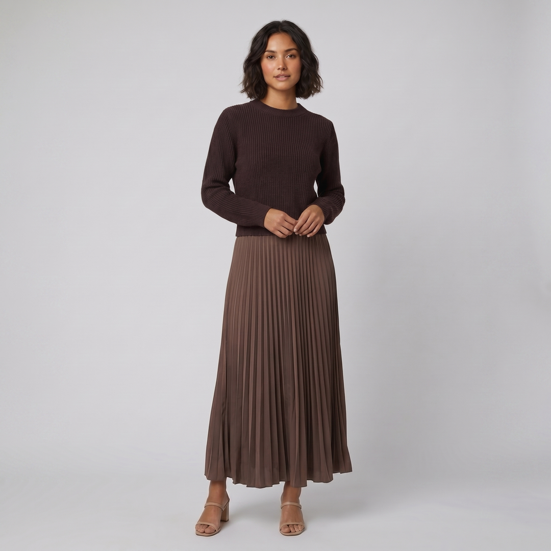 Clara brown knit pullover and pleated skirt set