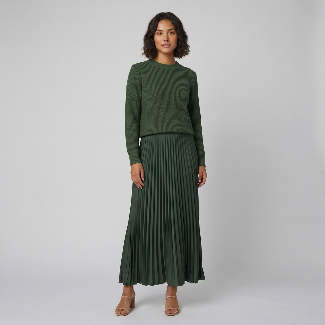 Clara green knit pullover and pleated skirt set