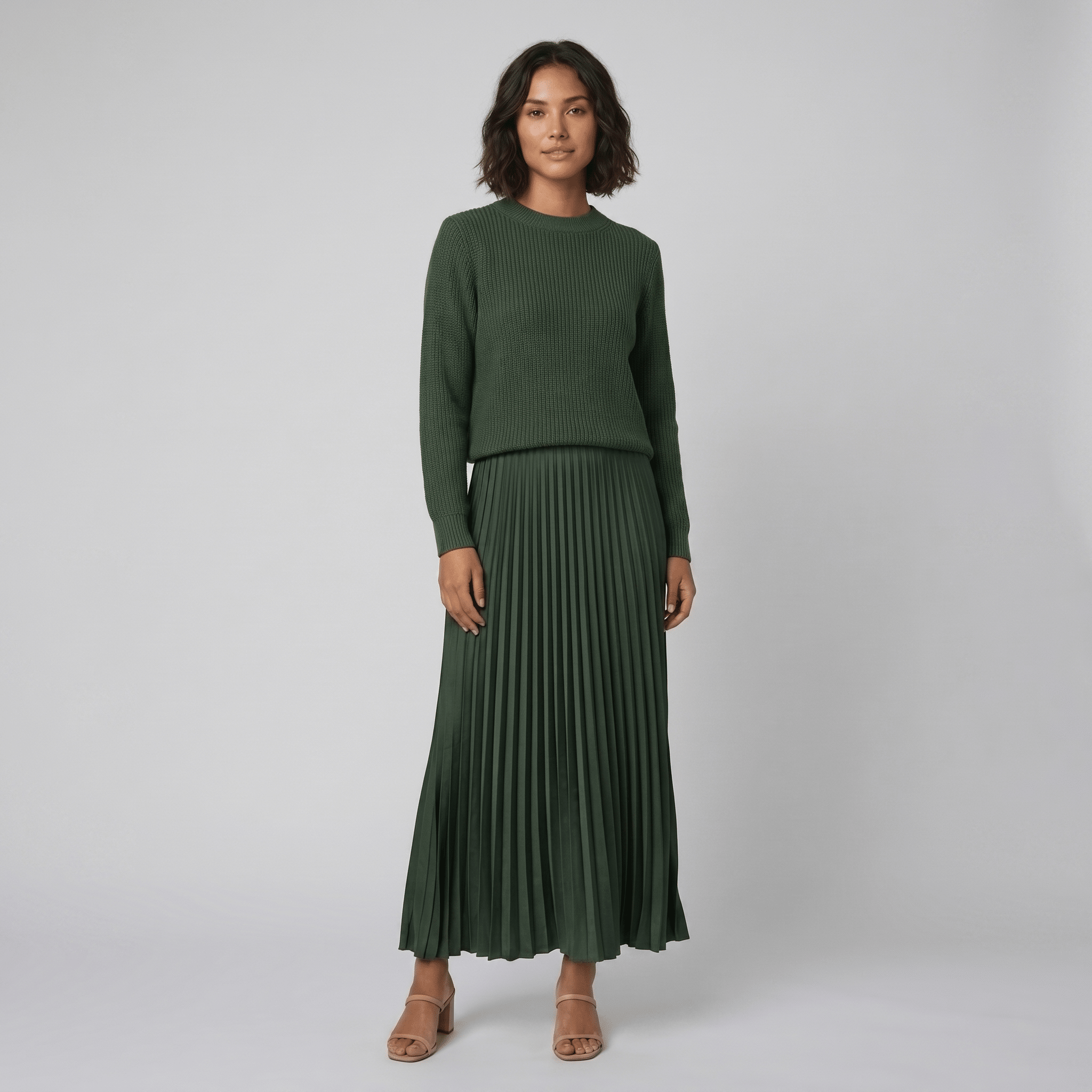 Clara green knit pullover and pleated skirt set