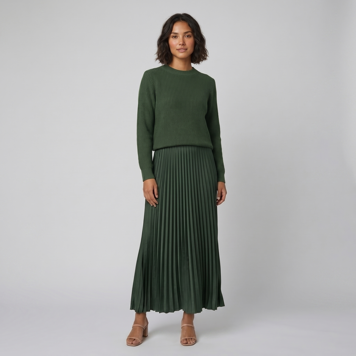 Clara green knit pullover and pleated skirt set