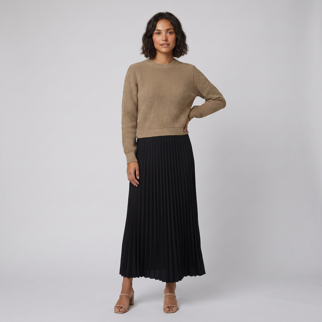 Clara khaki and black knit pullover and pleated skirt set