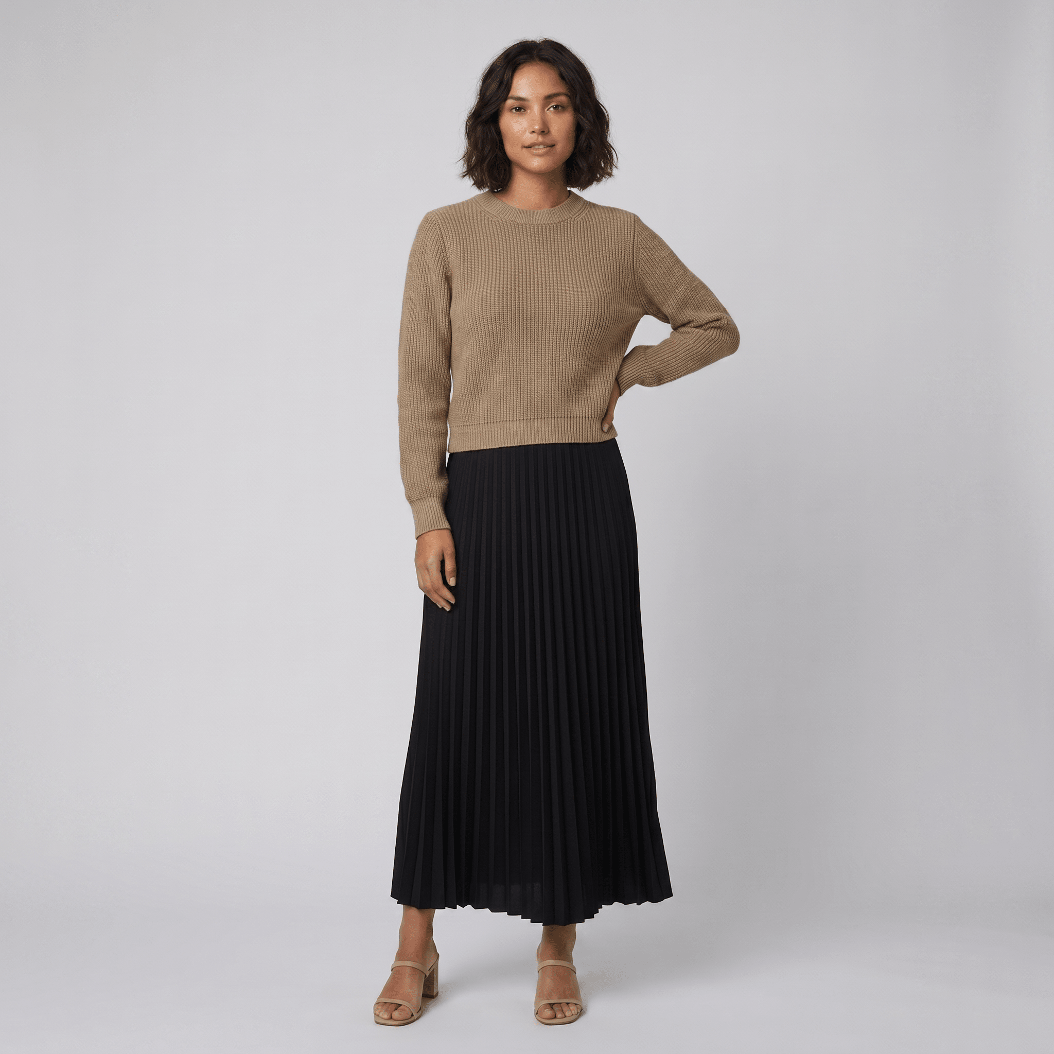 Clara khaki and black knit pullover and pleated skirt set