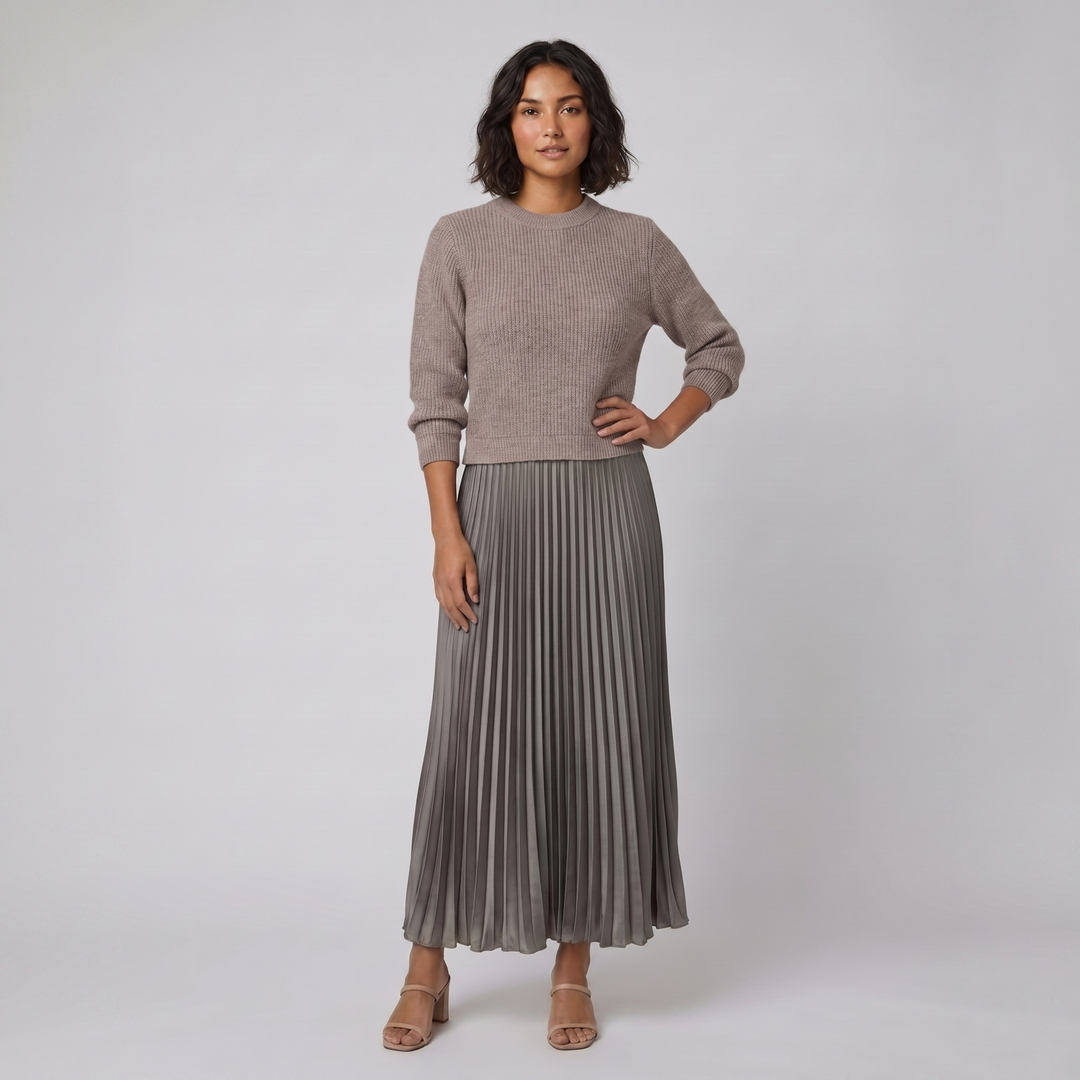 Clara khaki knit pullover and pleated skirt set
