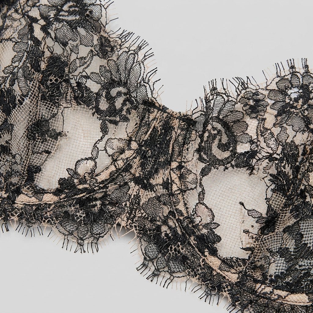 Close-up of the eyelash scalloped lace edge on the navy balconette bra