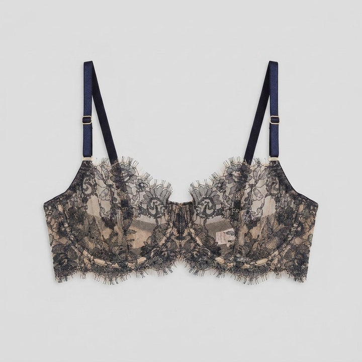 Navy sheer lace balconette bra with unlined cups, front view