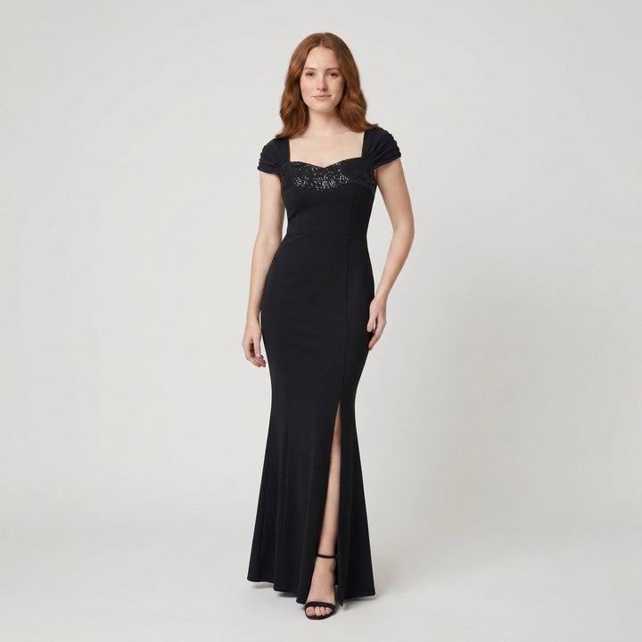 Clementine sequin mermaid maxi dress in black, front view on model