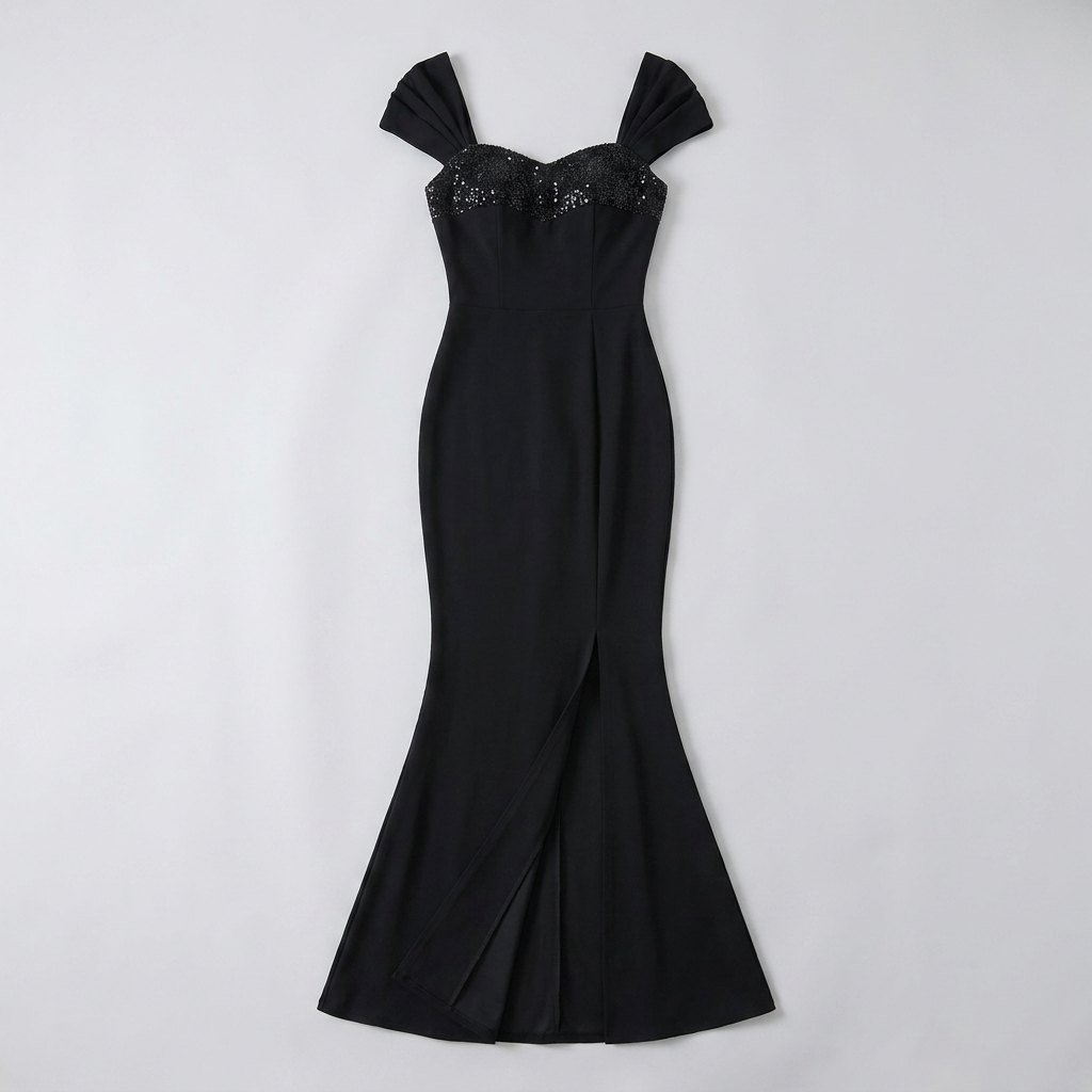 Clementine sequin mermaid maxi dress in black, product flat lay
