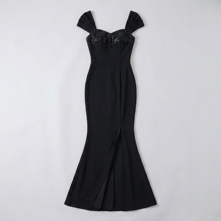 Clementine sequin mermaid maxi dress in black, product flat lay
