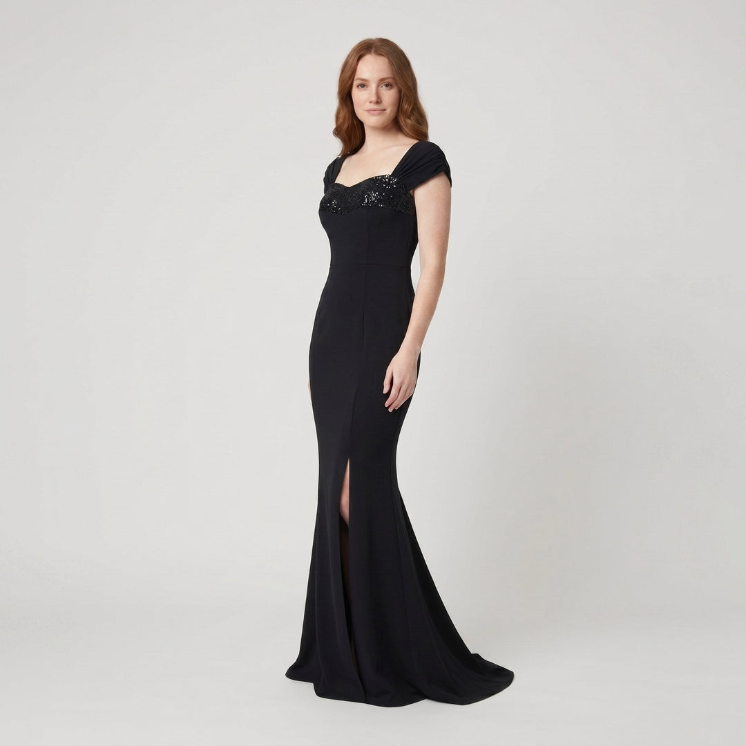 Clementine sequin mermaid maxi dress in black, side view on model