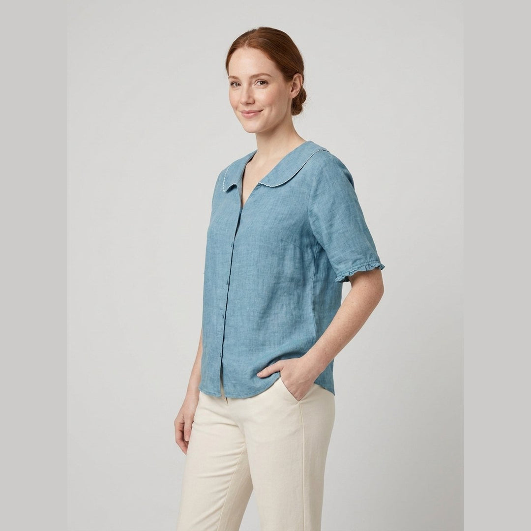 Cleo cotton-linen blouse sky blue on model