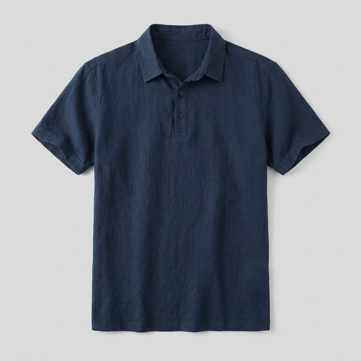 Cobalt men's linen polo shirt product flat lay