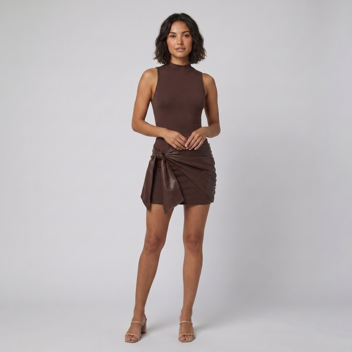 Colette brown mock neck mini dress with faux leather wrap