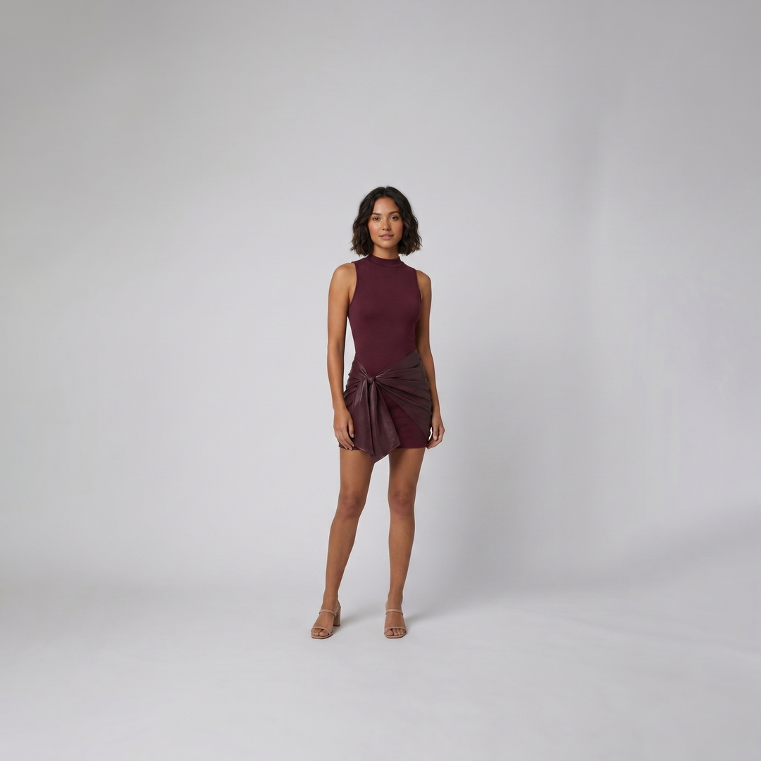Colette burgundy mock neck mini dress with faux leather wrap