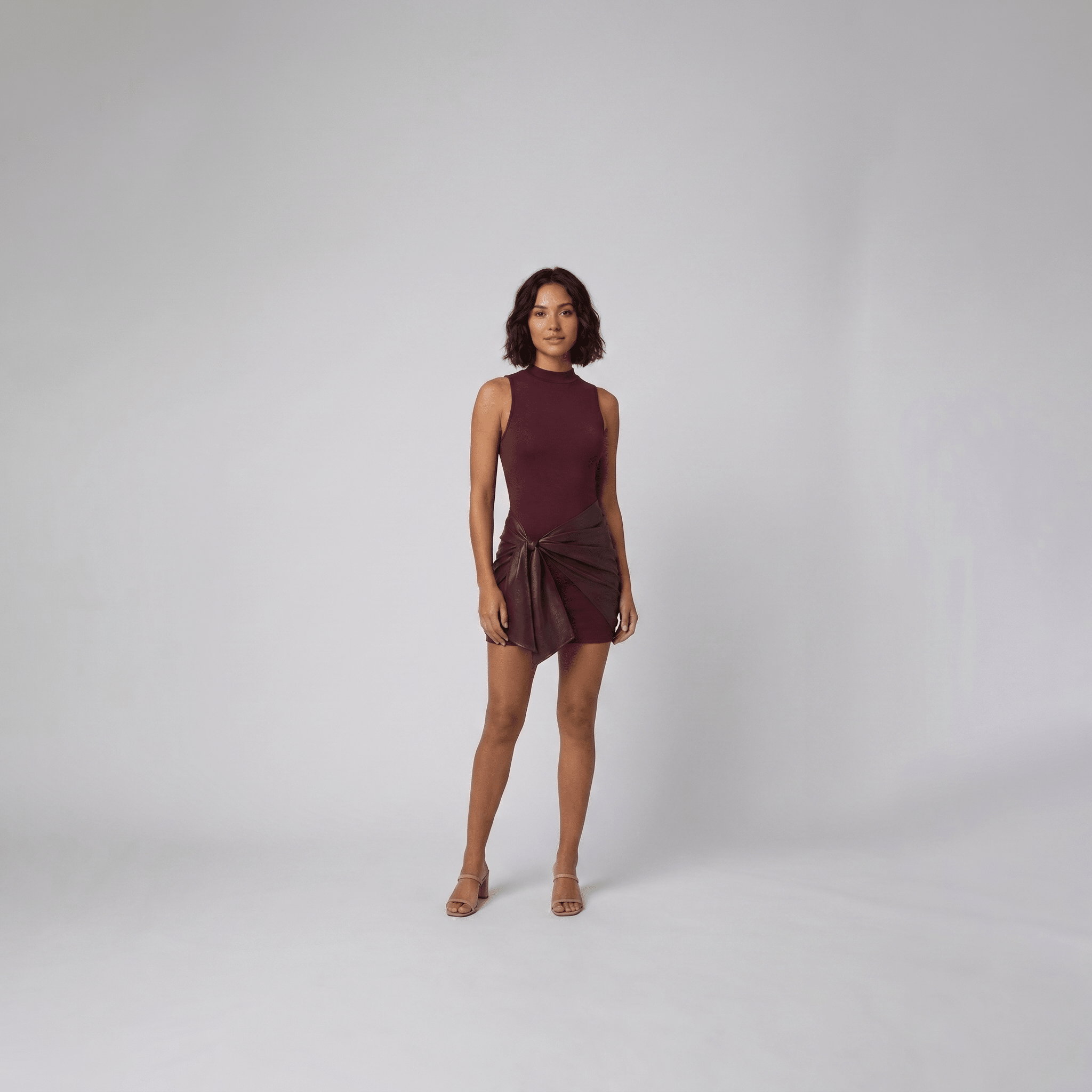 Colette burgundy mock neck mini dress with faux leather wrap