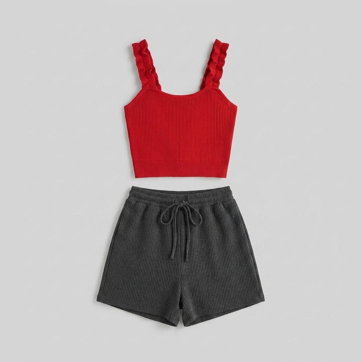 Coline red ribbed knit tank and skort set, flat lay