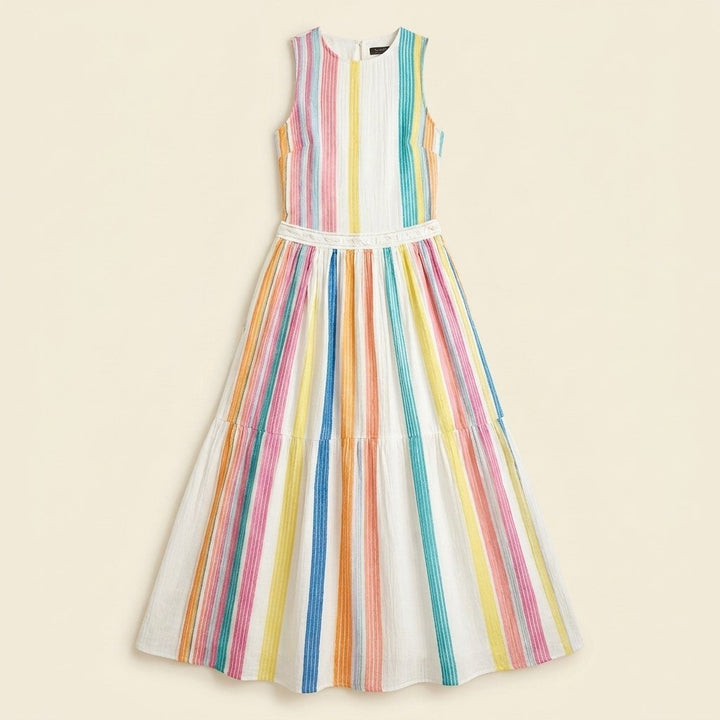 Colombe colorful woven striped maxi dress flat lay