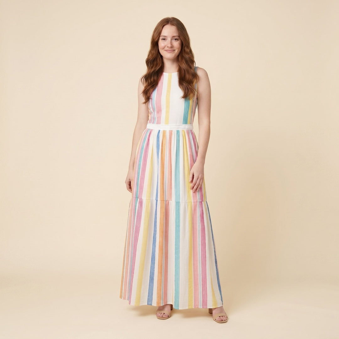 Colombe colorful woven striped maxi dress front on model