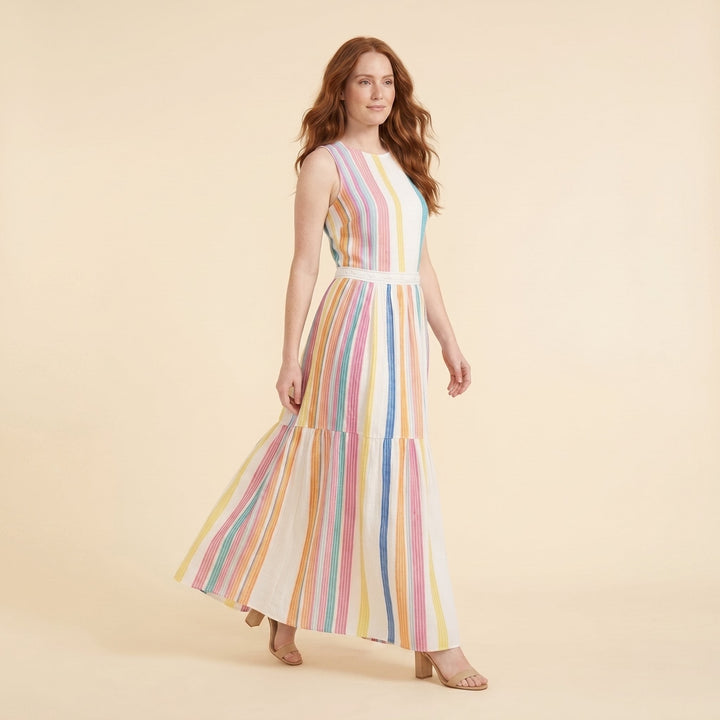 Colombe colorful woven striped maxi dress three-quarter on model