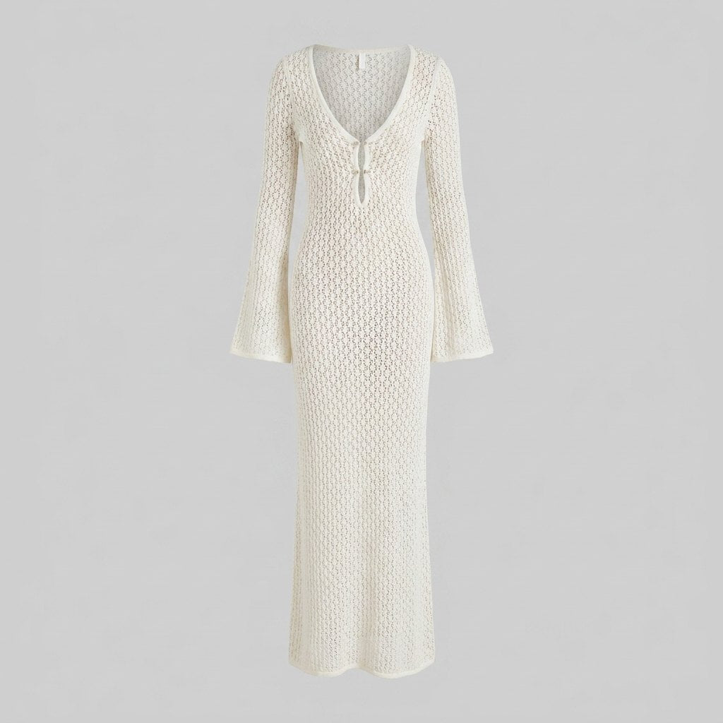 Cora white crochet knit maxi dress, product flat-lay
