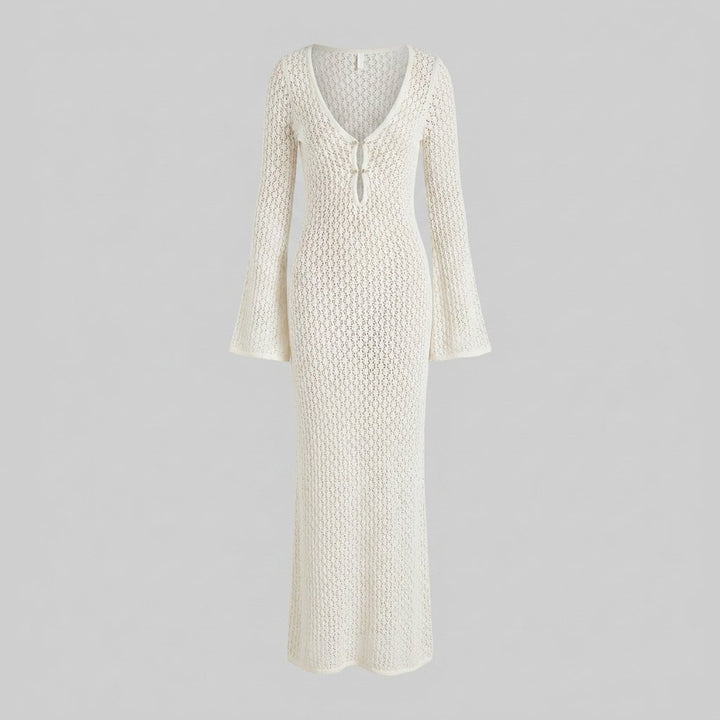 Cora white crochet knit maxi dress, product flat-lay