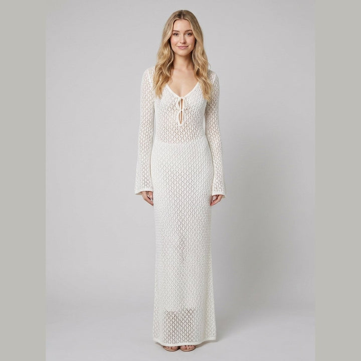 Cora white crochet knit maxi dress open back, front view on model