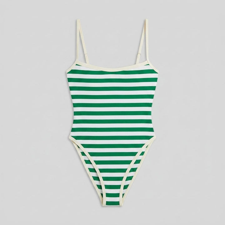 Green striped one-piece swimsuit front flat-lay