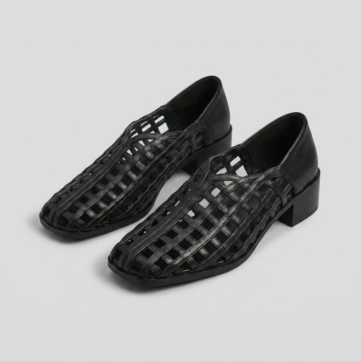 Cora black woven lattice flats, three-quarter front view