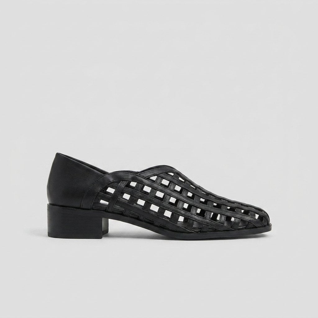Cora black woven lattice flats, side profile