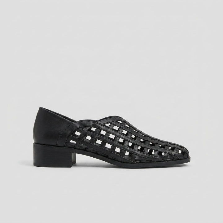 Cora black woven lattice flats, side profile