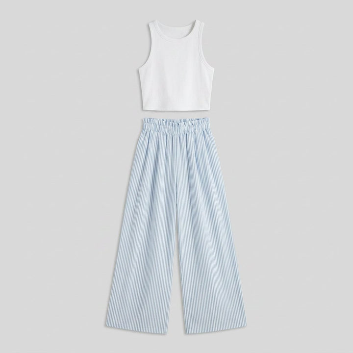 Cora white tank and blue stripe pants set, product flat-lay