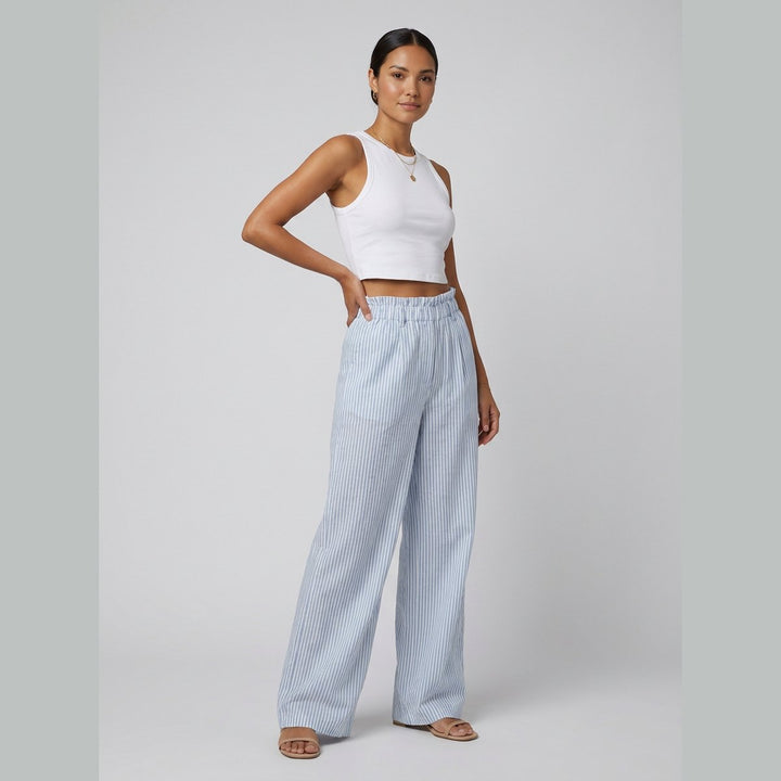Cora white tank and blue stripe pants set, three-quarter view on model