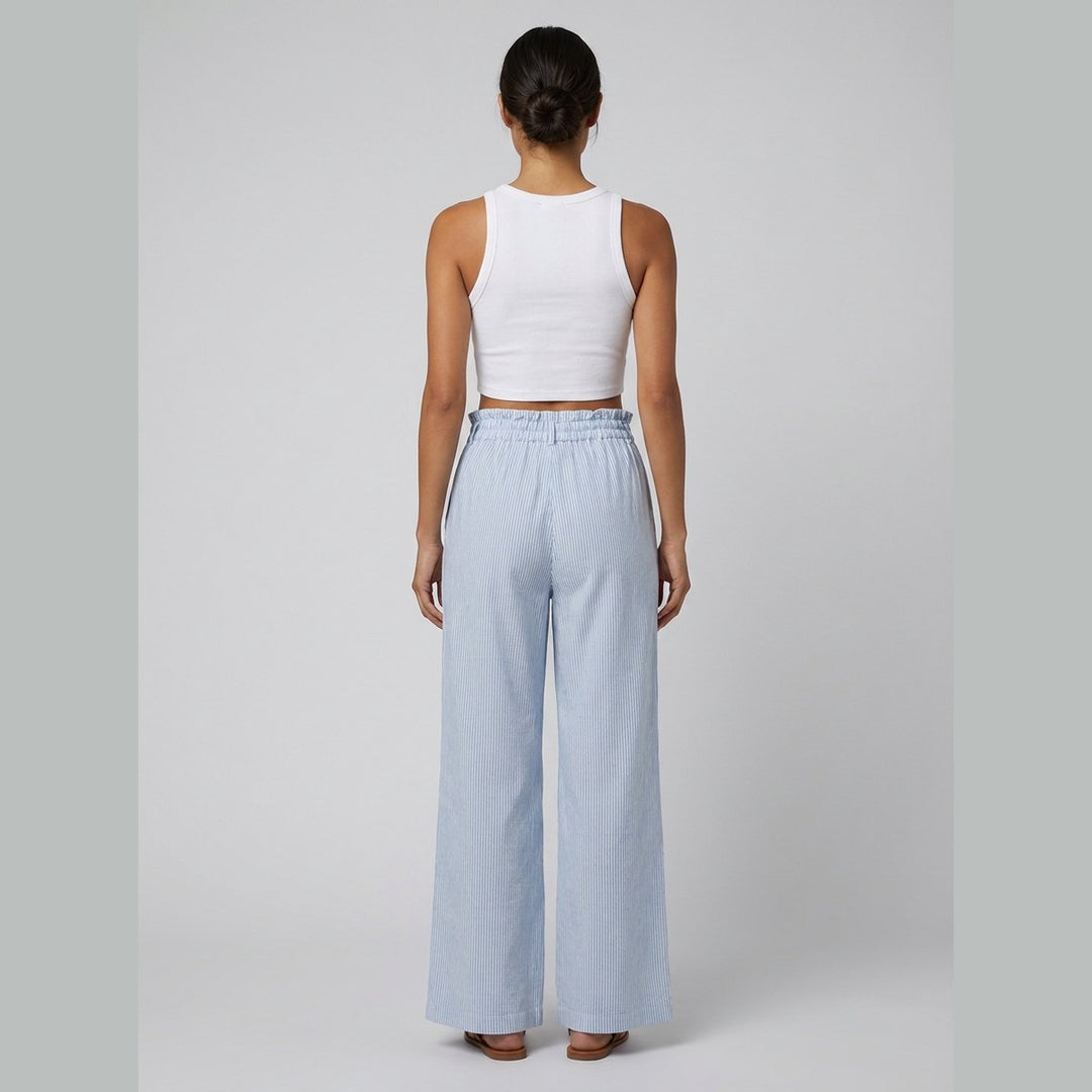 Cora white tank and blue stripe pants set, back view on model