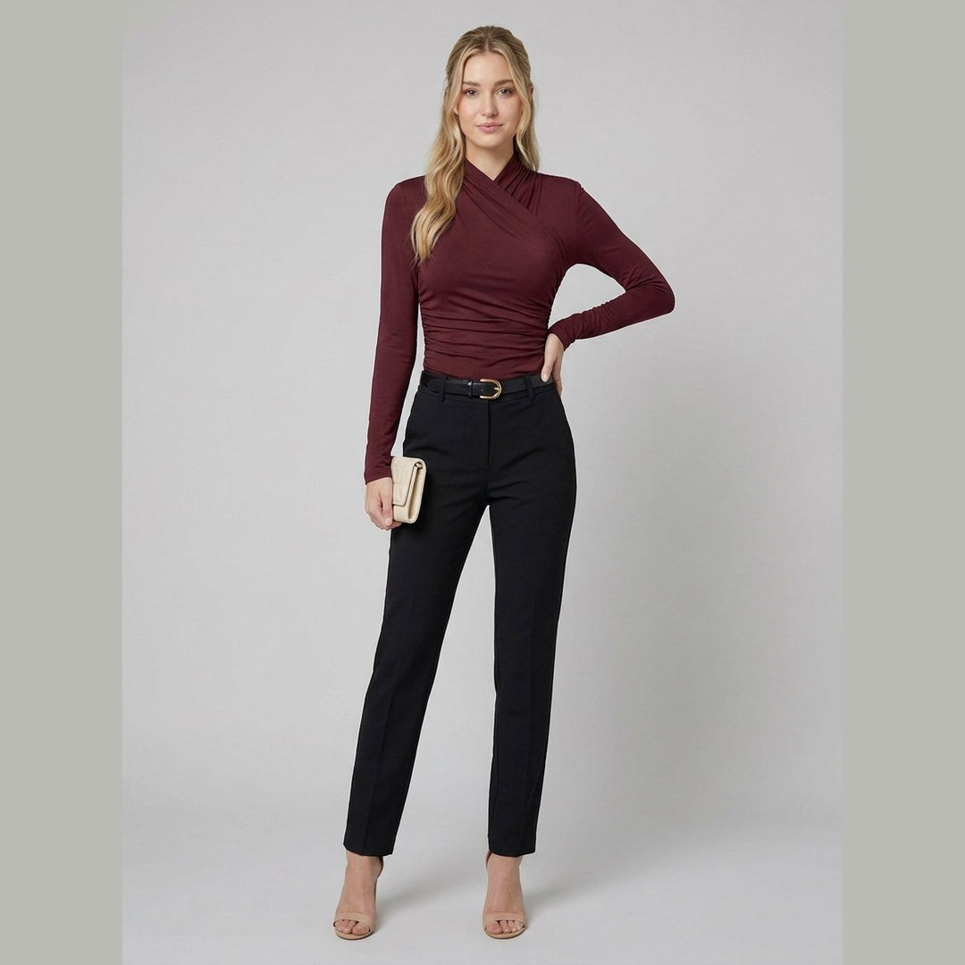 Cora crossover-collar top burgundy on model