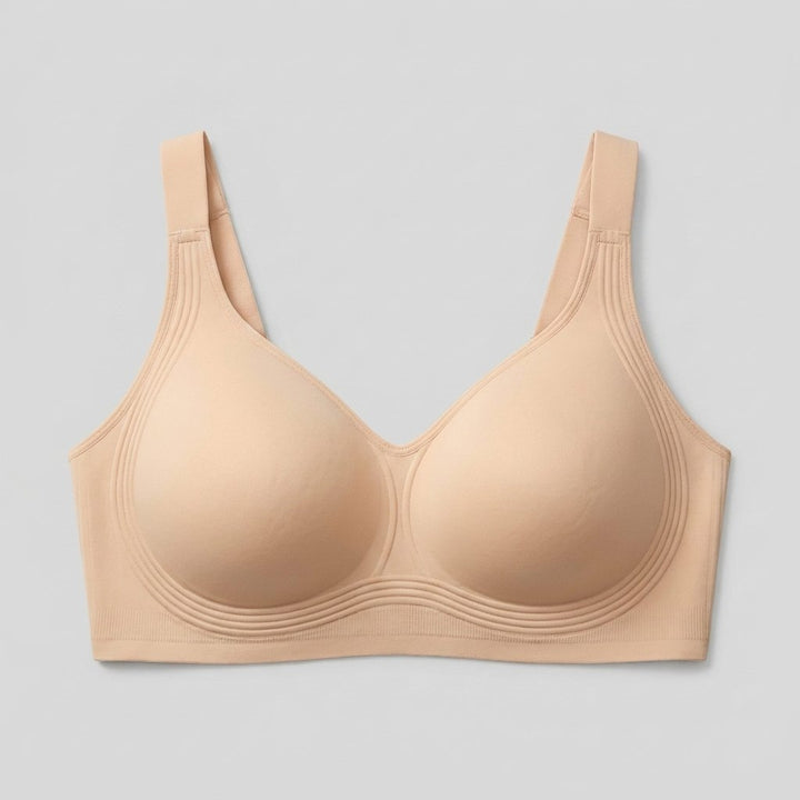 Nude wireless full-coverage bra flat-lay
