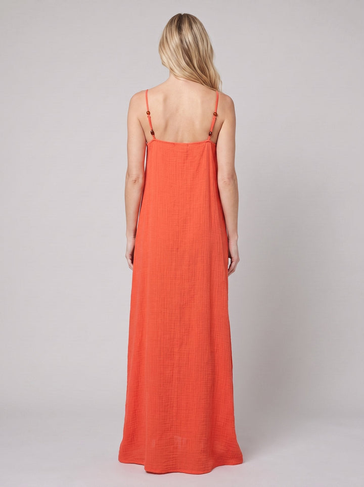 Flame beach cover-up, back view with straight neckline