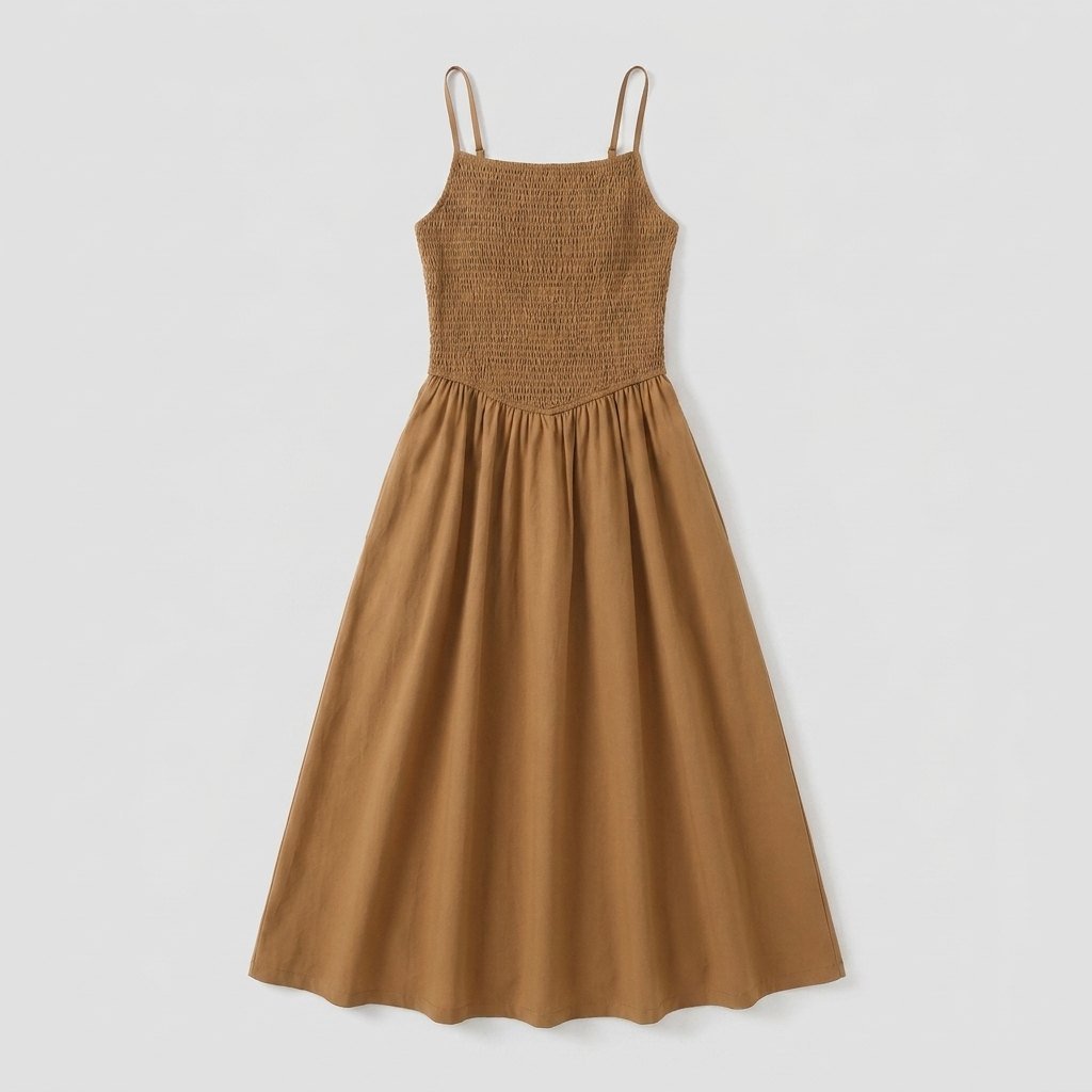 Brown A-line midi dress, flat-lay product photo
