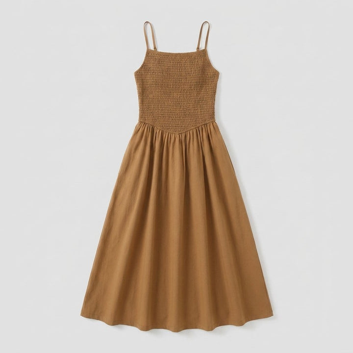 Brown A-line midi dress, flat-lay product photo