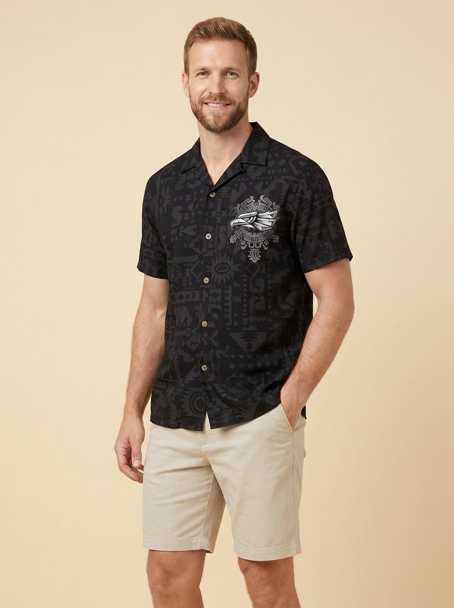 Corwin men's printed button-front shirt in black, three-quarter view