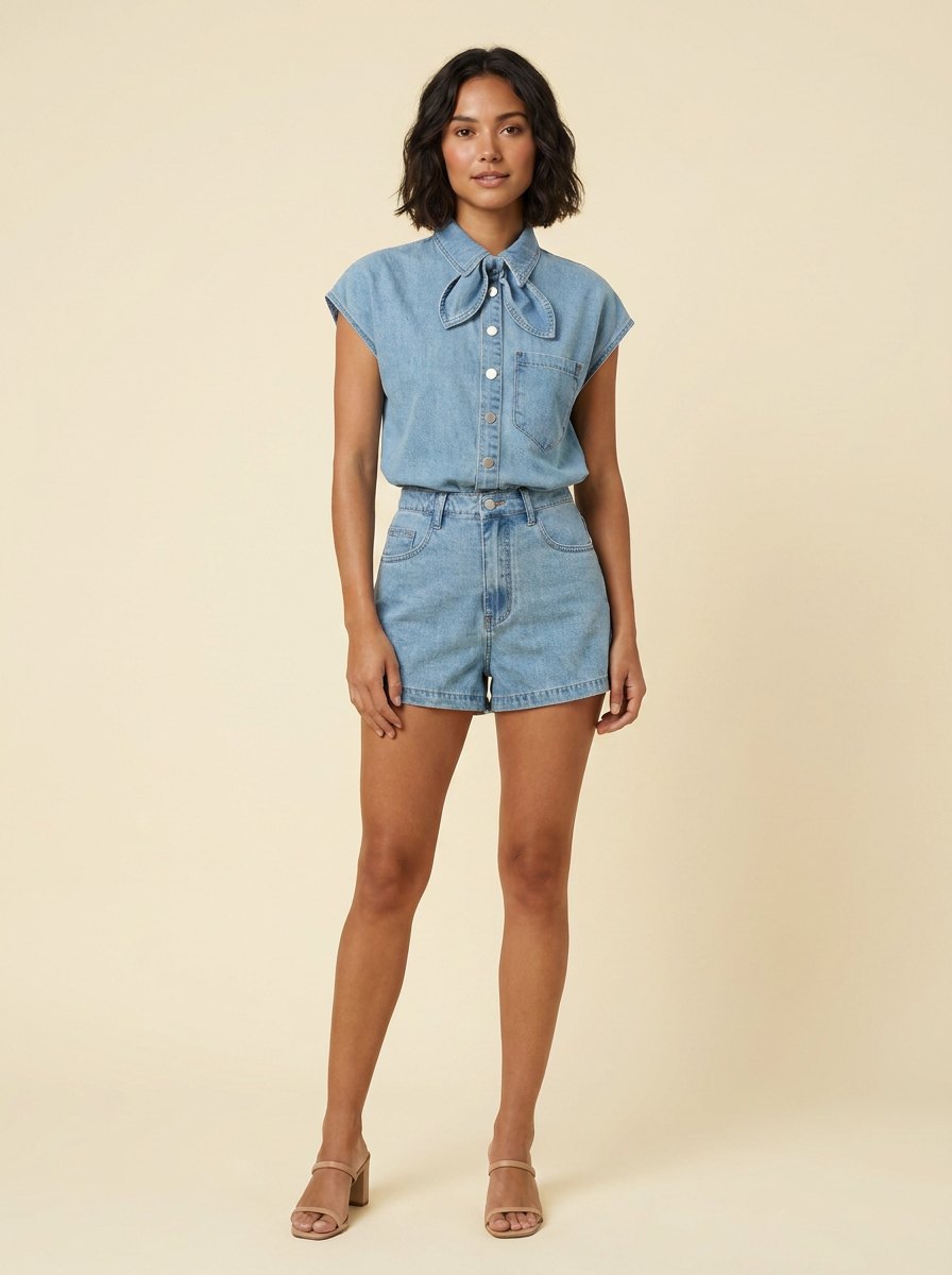 Daisy aqua denim blouse and shorts set front