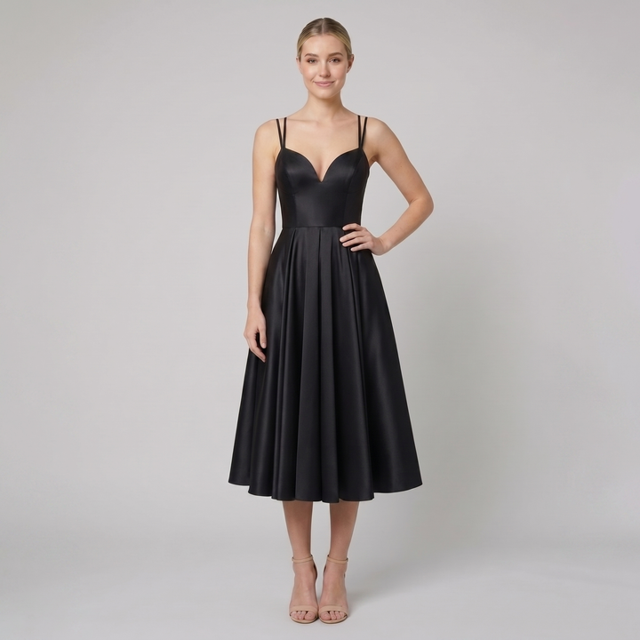 Dalia black satin A-line midi dress on model