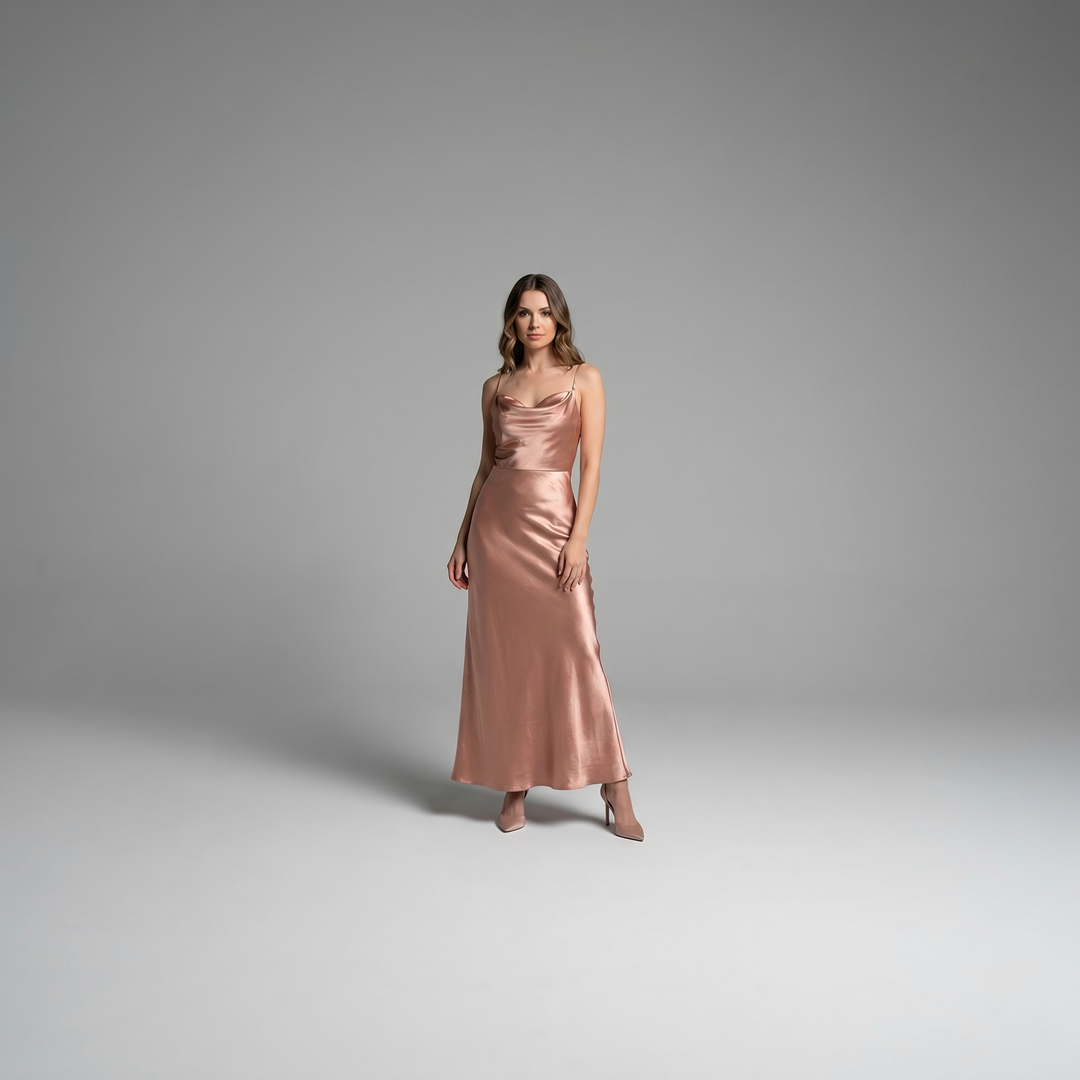 Dalia peach satin A-line midi dress on model