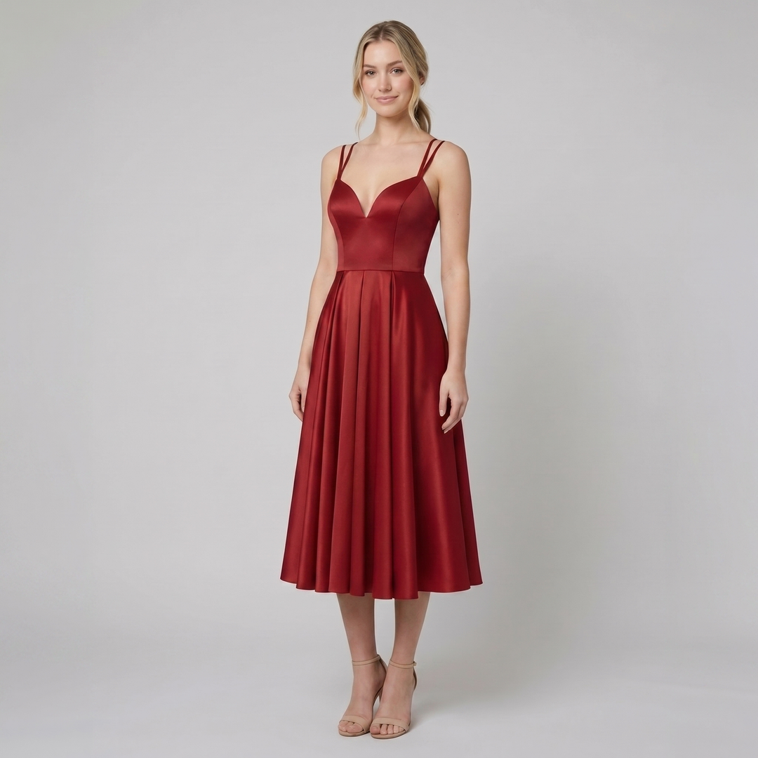 Dalia red satin A-line midi dress on model