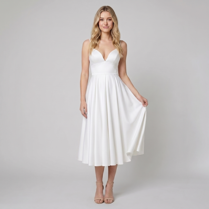 Dalia white satin A-line midi dress on model