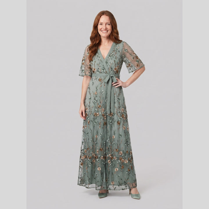 Sage green sheer floral embroidered V-neck evening gown - The store Vancouver