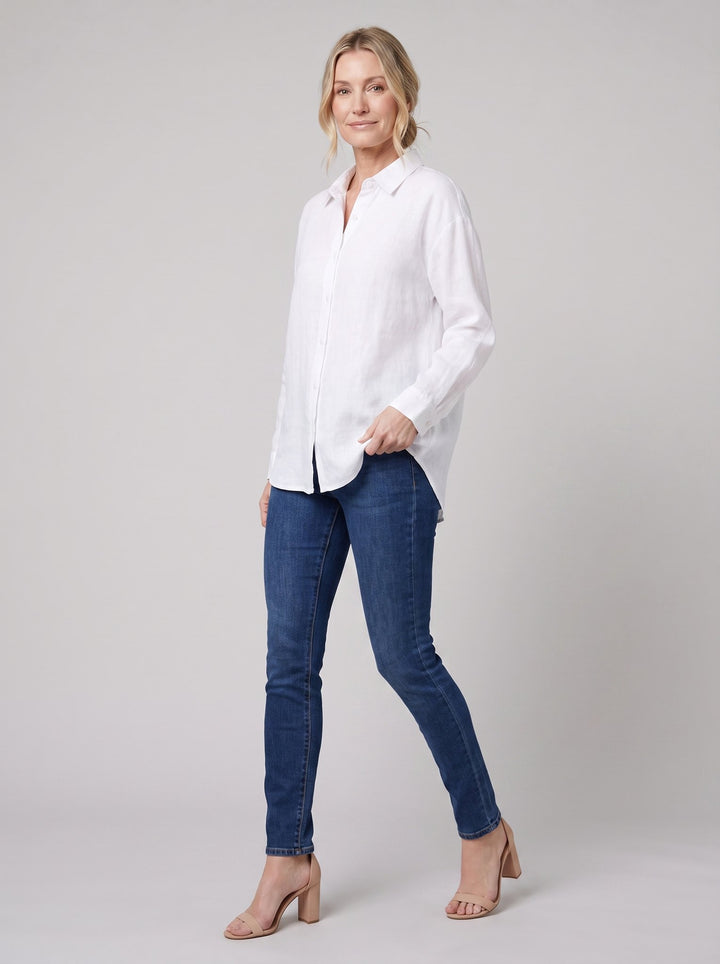 Dani white blouse three-quarter side view on model