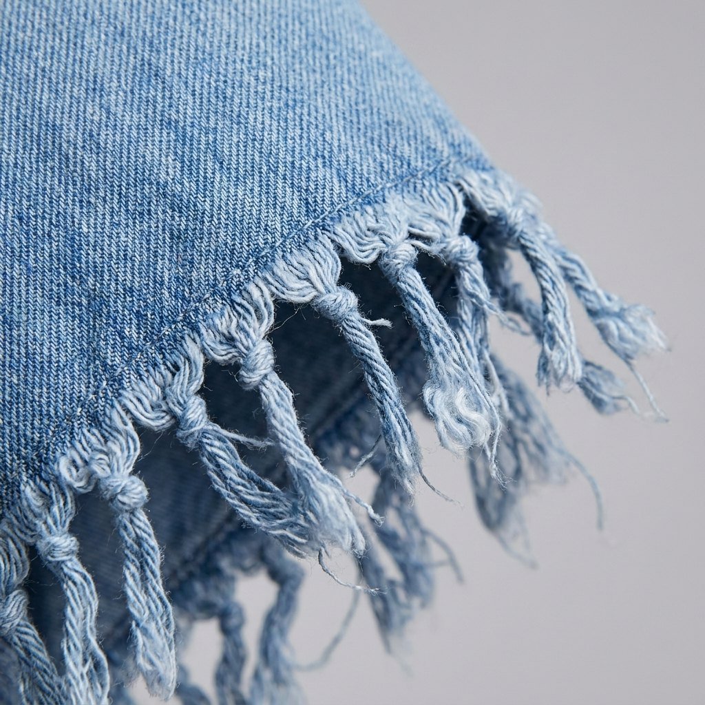 Dara denim dress fabric and tassel fringe close-up