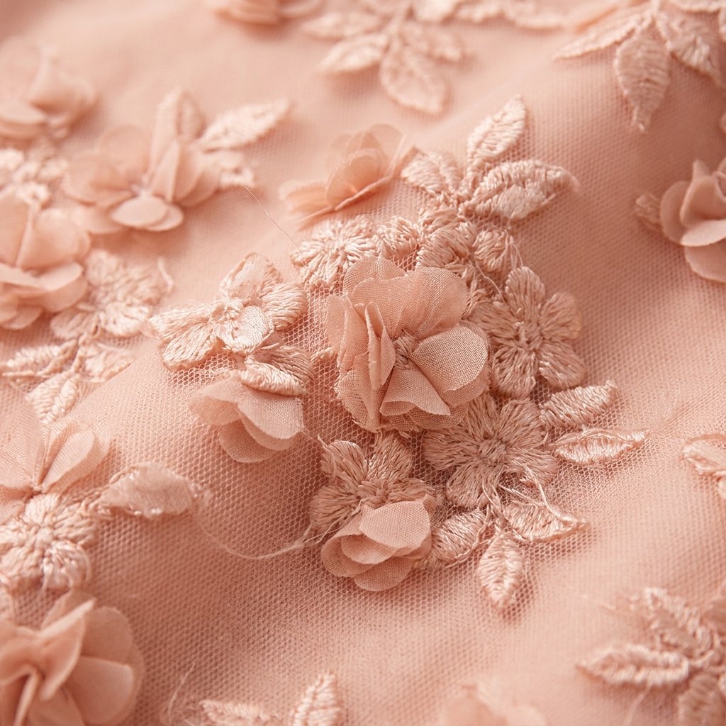 Dara peach 3D floral fabric detail